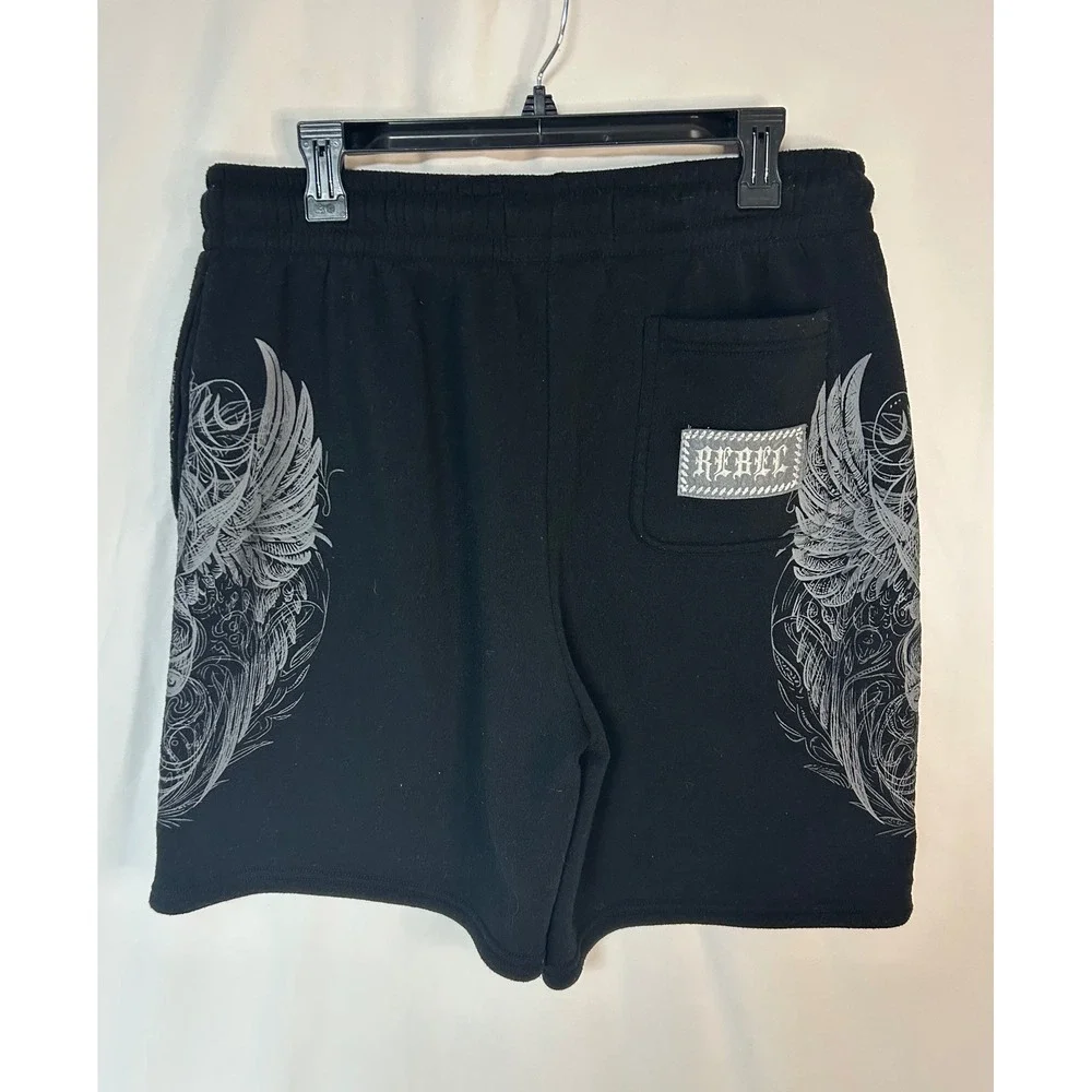 Rebel Vengeance Mens XL Black Graphic Wing Sword Sweat Shorts Streetwear Gothic - Picture 9 of 14